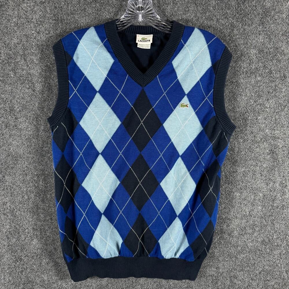Lacoste F5178 Sweater Vest Mens 4 US Medium Blue Argyle Cotton V Neck Crocodile